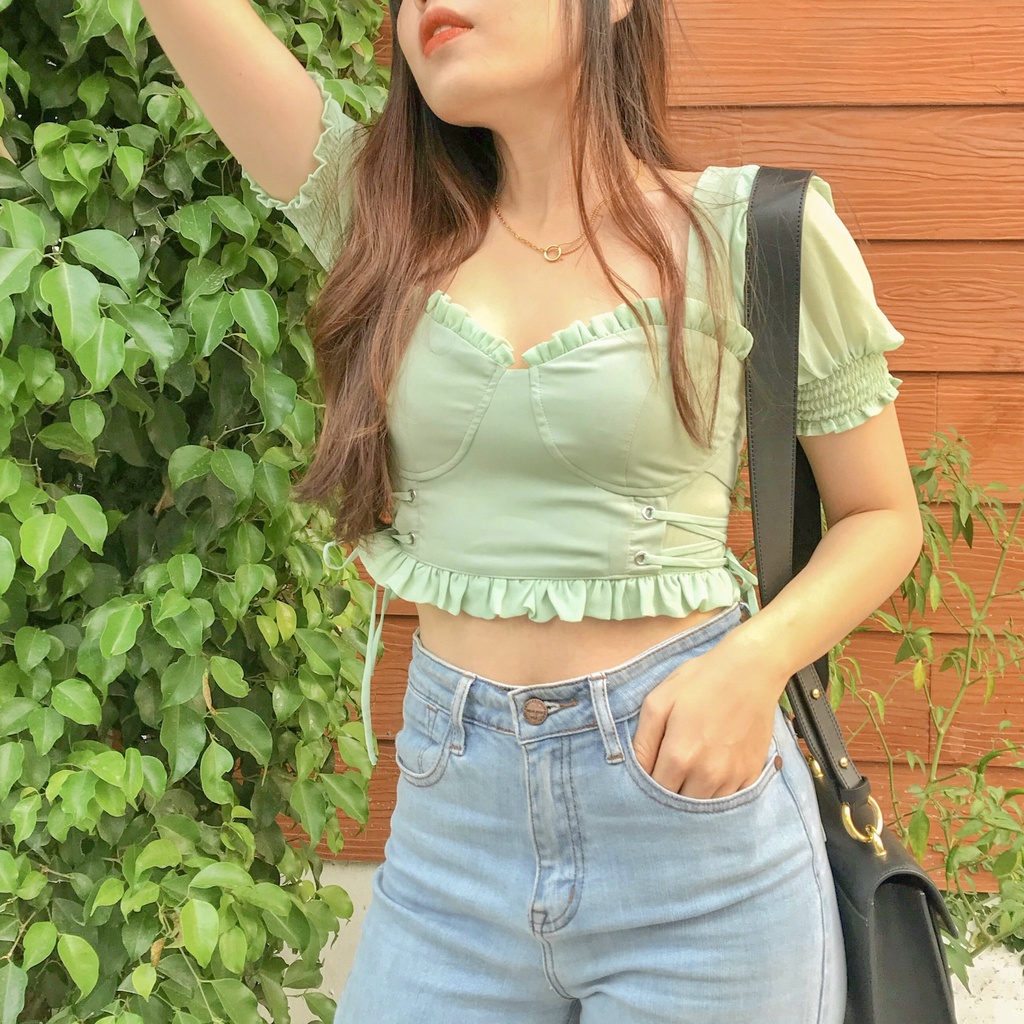 Áo kiểu tay phồng dáng ngắn croptop