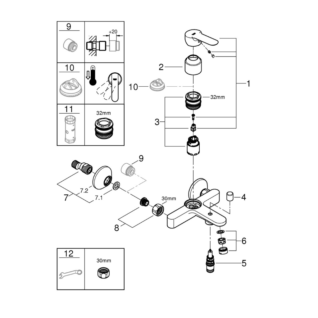 Bộ trộn nổi GROHE BAUEDGE 2 chế độ với bộ chuyển đổi chế độ sen tắm và vòi bồn tắm tiện dụng 23605000