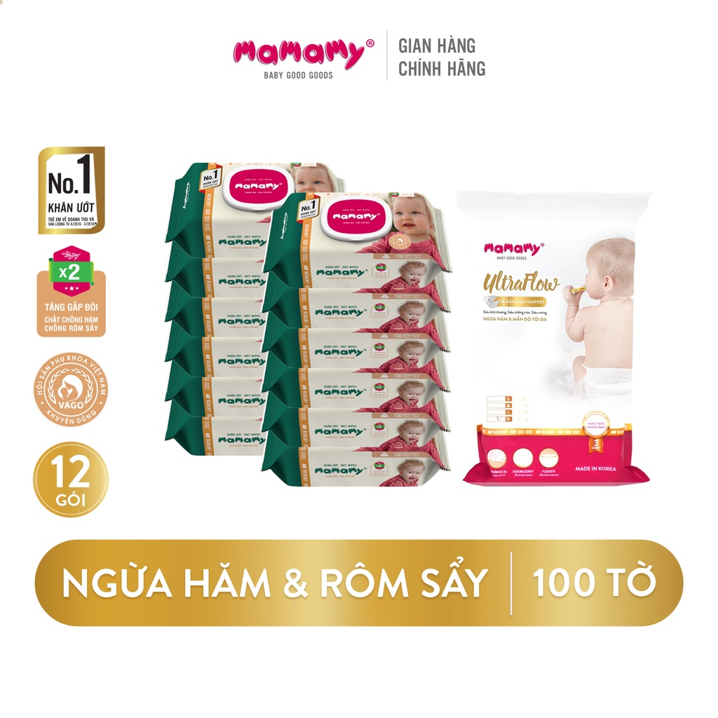 Combo 12 gói khăn ướt Mamamy 100 tờ/gói không mùi và 1 gói 3 miếng tã dán đủ size S54 M46 L42 XL36