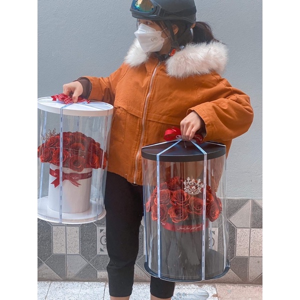 Hộp hoa Mika size to (mẫu thật cầm). Tặng full phụ kiện y hình.