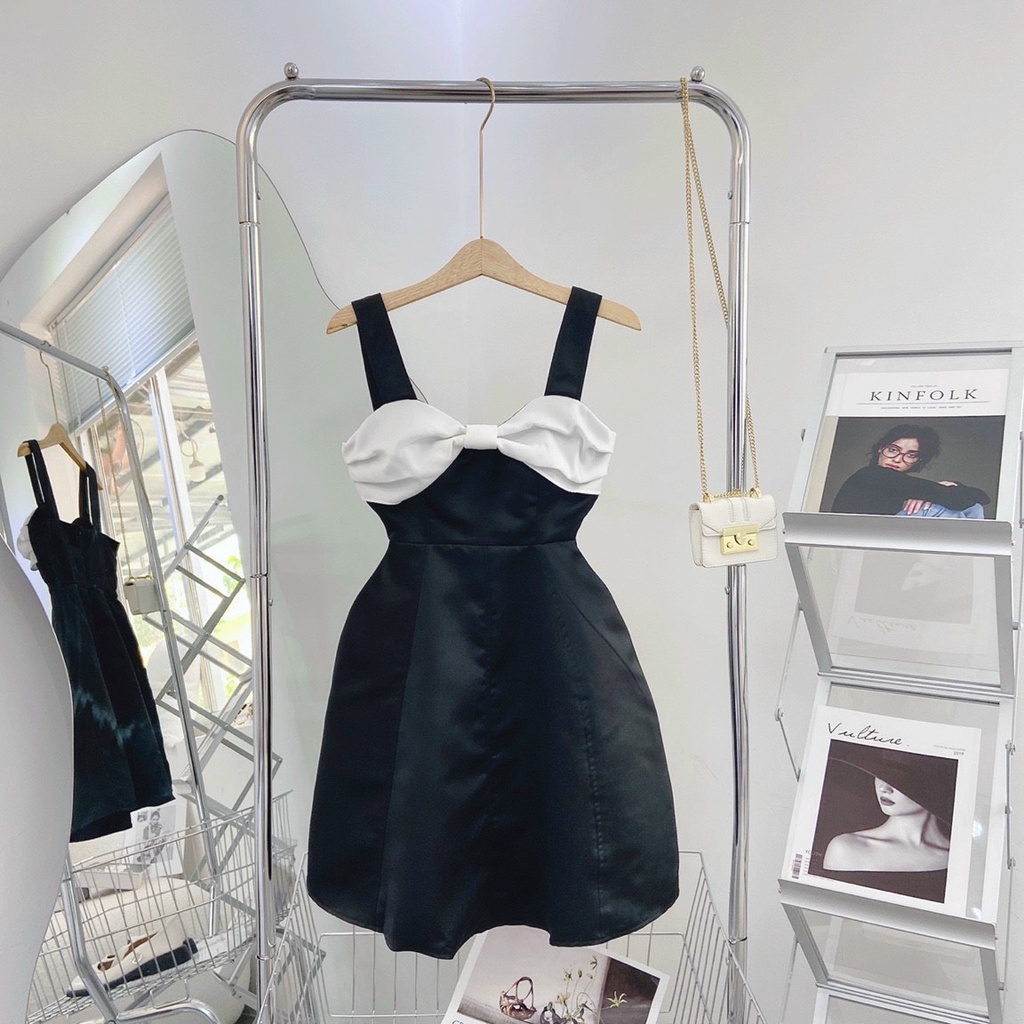 Đầm Hai Dây Đen 💖DEMISS💖 Váy Nữ Đen Phối Trắng Nơ Ngực Xinh Xỉu - V-Đen-Trắng-378