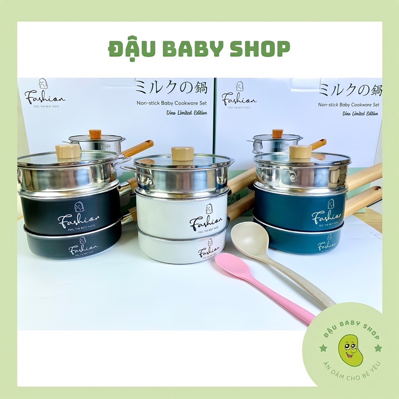 Bộ nồi chảo ăn dặm kèm xửng hấp cao cấp Fashion Khủng Long nấu cháo, quấy bột cho bé