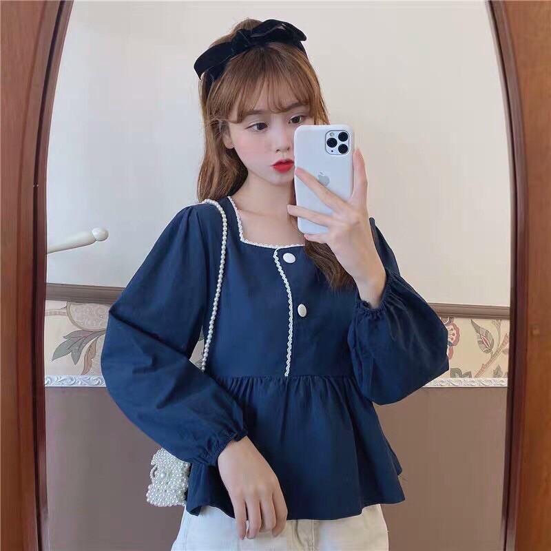 Áo kiểu babydoll voan lụa mịn mát Trắng-xanh đen