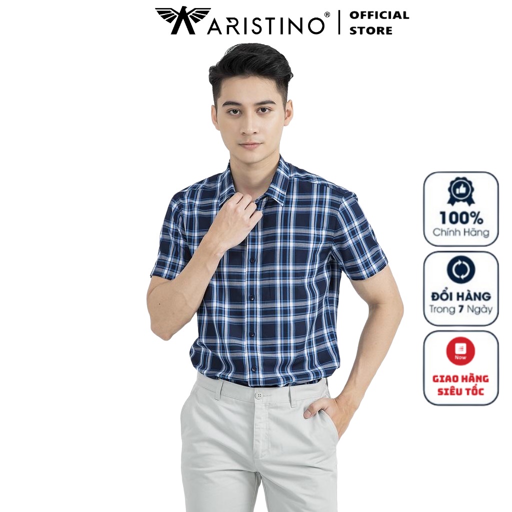 Áo Sơ Mi Nam Ngắn Tay ARISTINO ASS169S1 Somi Công Sở Cao Cấp Màu Xanh Kẻ Trắng Dáng Regular Fit Không Túi Vải Sợi Tre