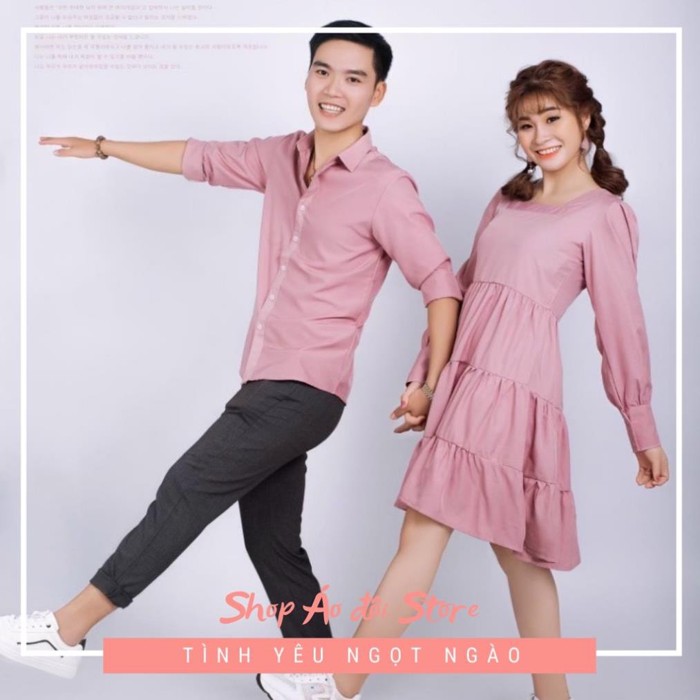 Bộ áo váy sơ mi cặp cao cấp, đồ đôi nam nữ  dễ thương, chất đẹp để chụp hình cưới, đi du lịch