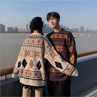 Ảnh thật | Áo đôi kẻ diềm màu nâu trắng áo len đôi dáng rộng 2020