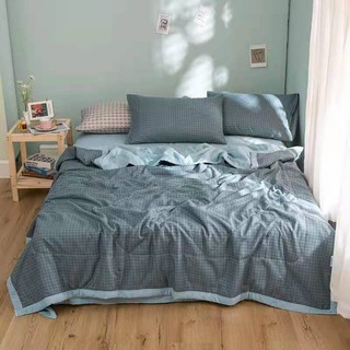 Bộ chăn ga gối ga giường cotton Đũi kẻ Muji chăn trần hè - Ngân Khánh Bedding drap giường, mền hè