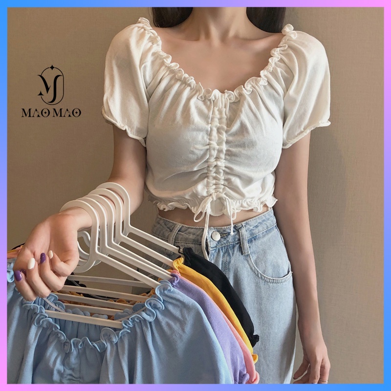 Áo trễ vai dáng croptop kiểu rút dây, Áo croptop len tăm kiểu hở vai rúm ngực Hàn Quốc C75 - Maoshop