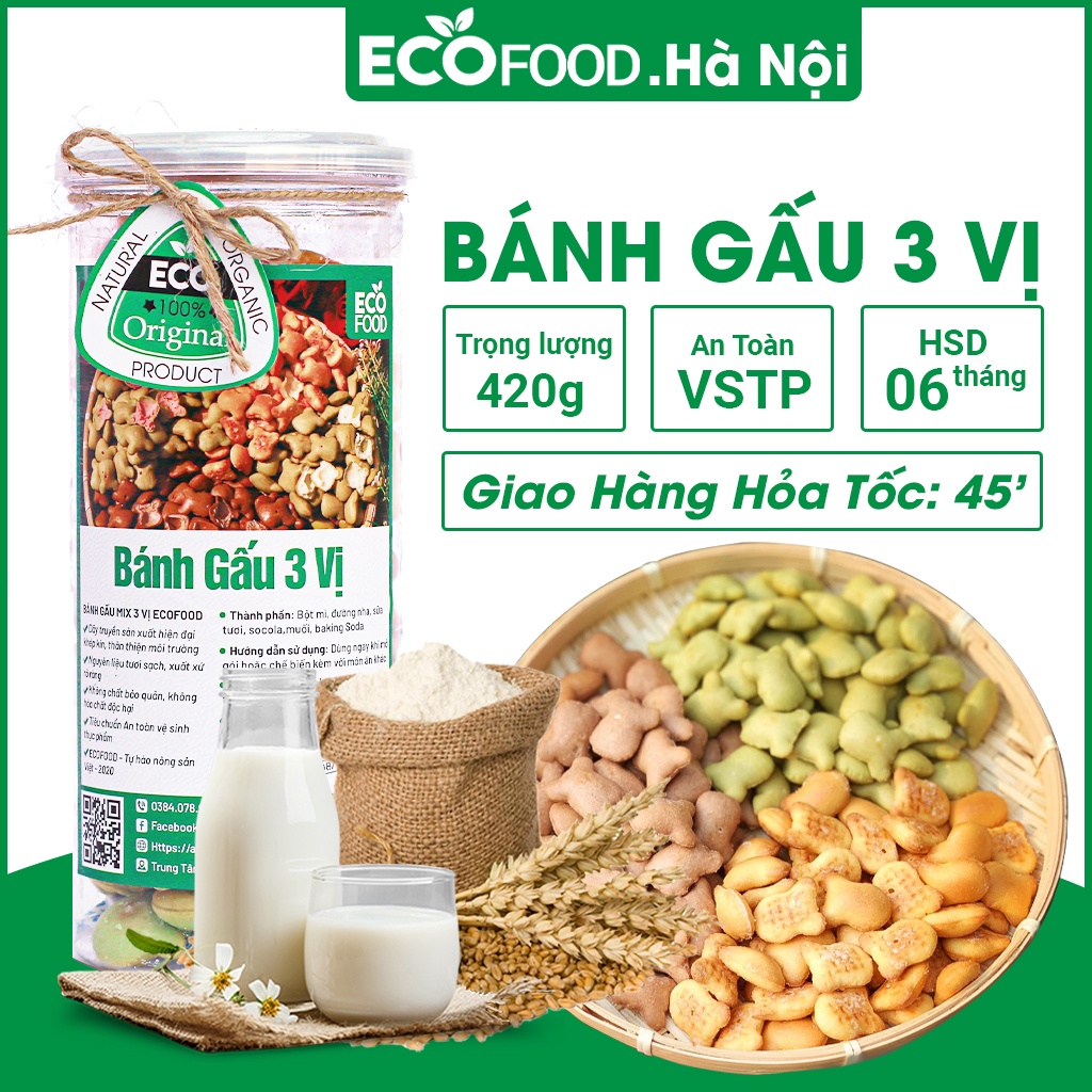 Bánh gấu nhân kem mix 3 vị trà xanh, socola, kem 420G Ecofood - Đồ ăn vặt Việt Nam - An toàn vệ sinh thực phẩm
