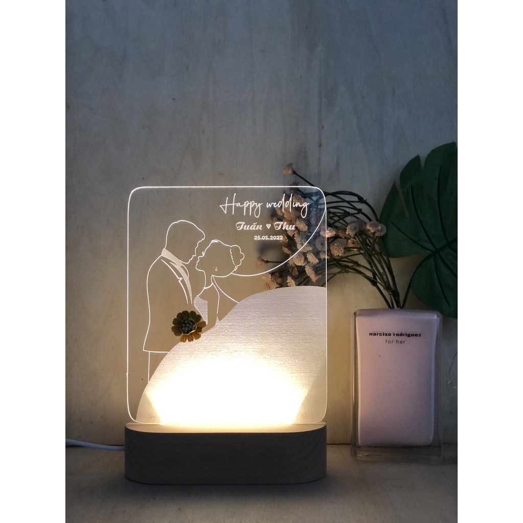 MỪNG ĐÁM CƯỚI - Đèn trang trí/ Quà tặng/ Decor khắc theo yêu cầu- đế gỗ đèn led đầu cắm USB