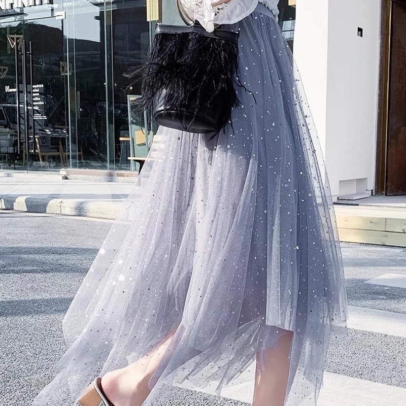 Chân váy Midi xòe dáng dài màu ghi, be, trắng Bling Bling lấp lánh cạp chun đi làm đi chơi đi học phong cách Hàn Quốc