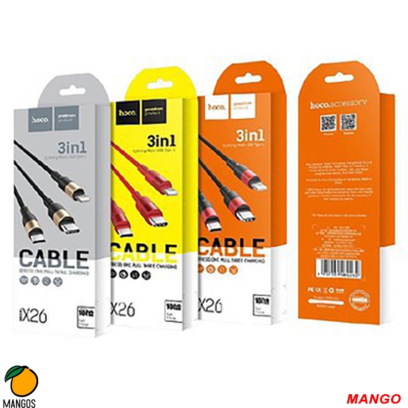 Cáp Sạc Nhanh chống gập Hoco X26 3 đầu -Micro-Type C cho i.phone/Samsung/Oppo/