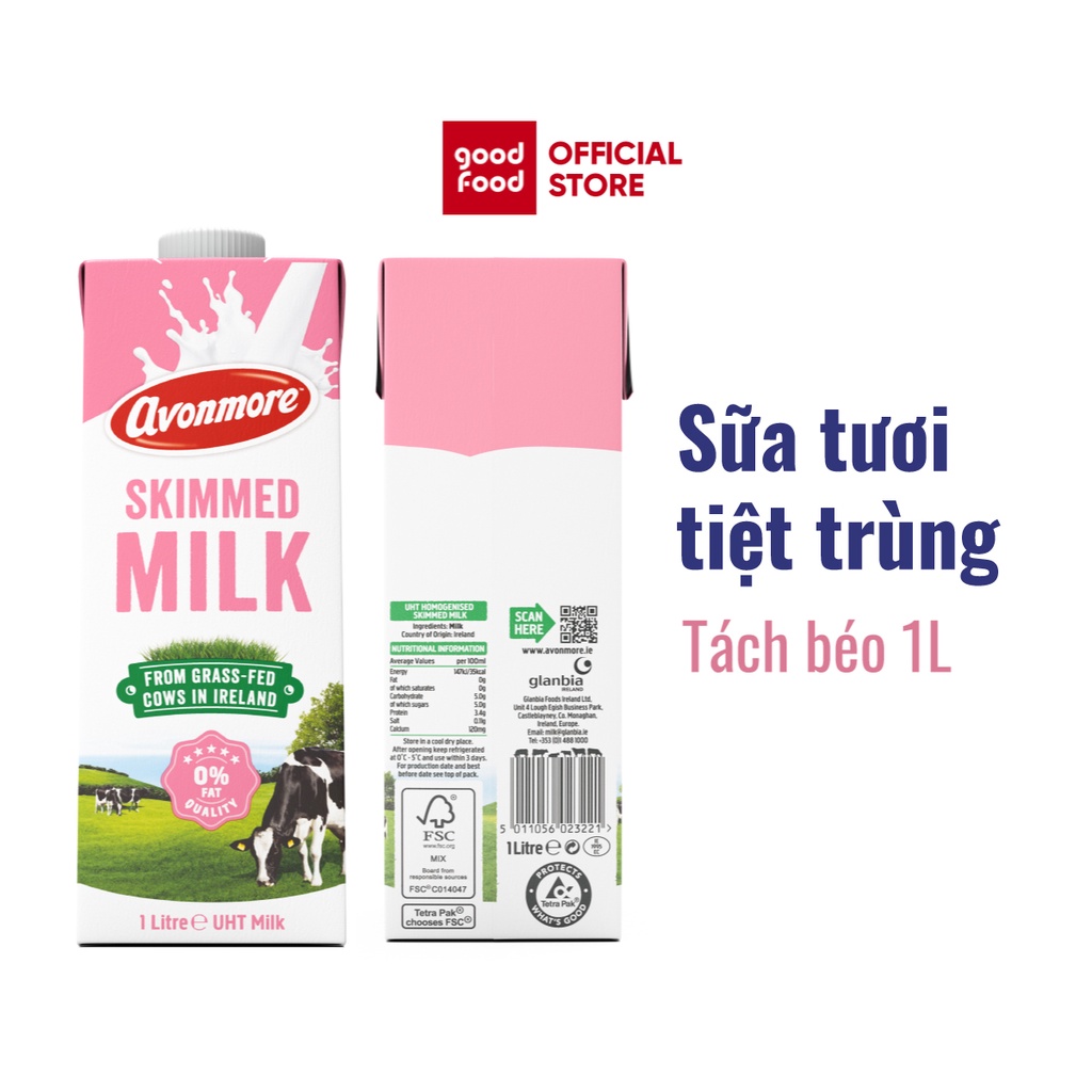 Sữa tươi tách béo tiệt trùng (không đường) Avonmore UHT Skimmed Milk 1L/hộp  giảm cân giữ dáng hiệu quả tốt cho sức khỏe