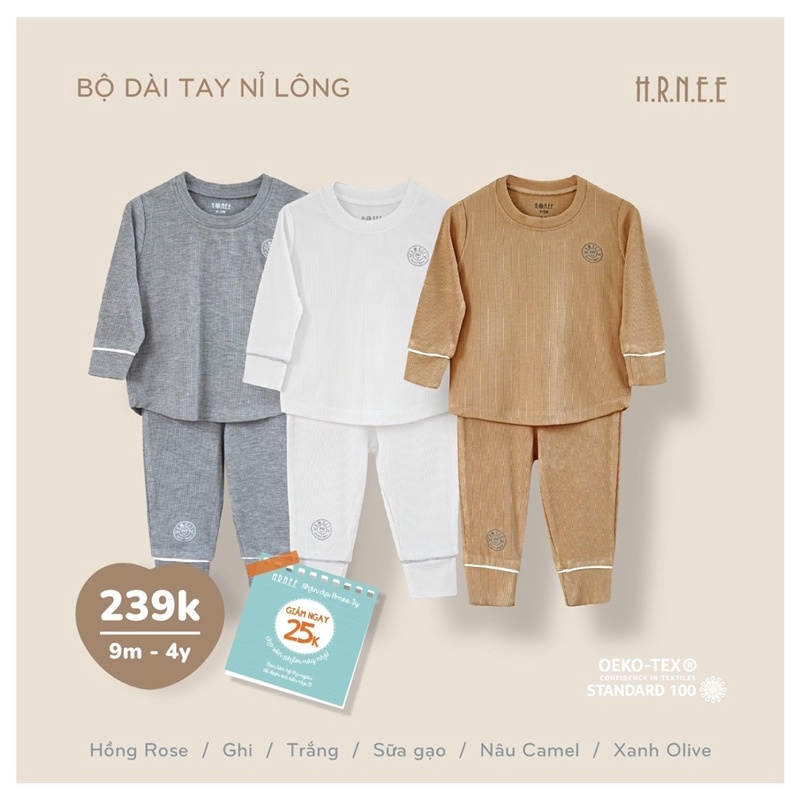 HRNEE - BỘ NỈ LÔNG DÀI TAY CHO BÉ TRAI BÉ GÁI