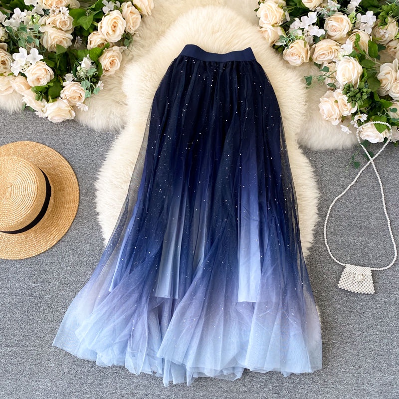 Chân Váy Chữ a Xếp Ly Lưng Cao Đính Sequin Hình Ngôi Sao Màu gradient Thời Trang Xuân Hè Dành Cho Nữ 6.23
