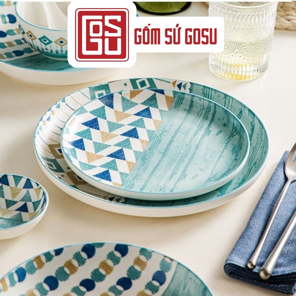 Bộ bát đĩa gốm sứ Gosu cao cấp phong cách Bắc Âu mã PDS018 màu xanh đại dương.