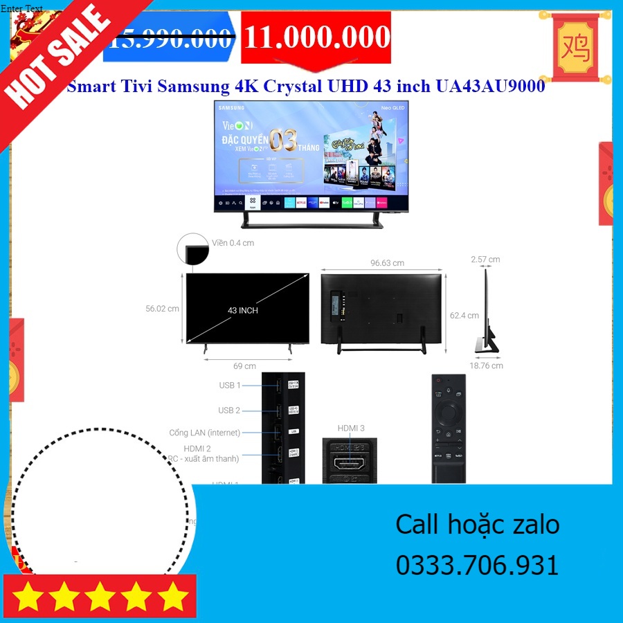 giao hàng toàn quốc _ Smart Tivi Samsung 4K Crystal UHD 43 inch UA43AU9000 _ miễn phí lắp đặt