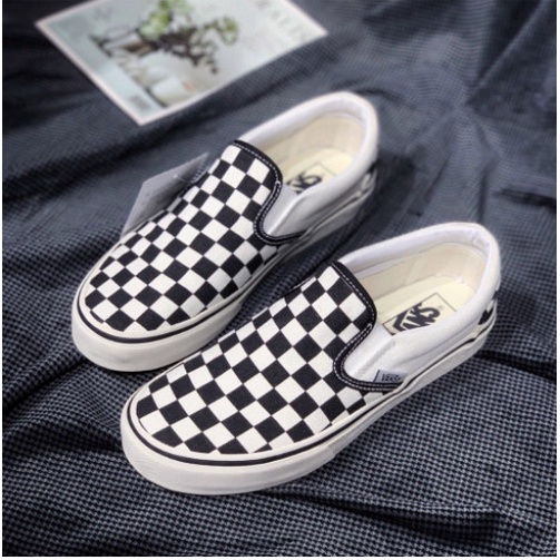 Giày Lười Slipon Nam Nữ - Giày Vans Caro Vải Đen Trắng Lót Da | BigBuy360 - bigbuy360.vn