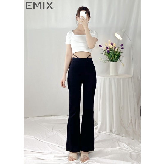Quần ống loe dây đan cá tính tôn vòng 2 EMIX (màu đen), basic, dáng dài 95cm, cạp cao, vải thun cotton co giãn  Q820