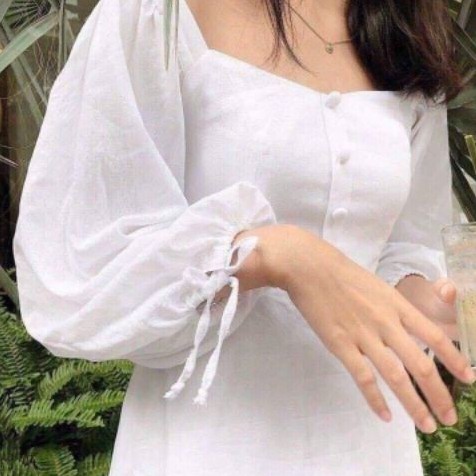 Đầm trắng cổ vuông tay phồng (có ảnh thật)