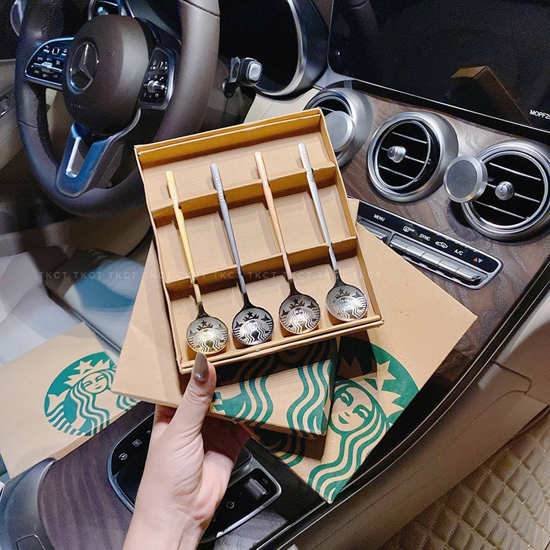 Bộ 4 muỗng thìa starbuck độc đáo ấn tượng, chất liệu inox cao cấp cán màu Kèm hộp đựng, Bảo hành 12 tháng