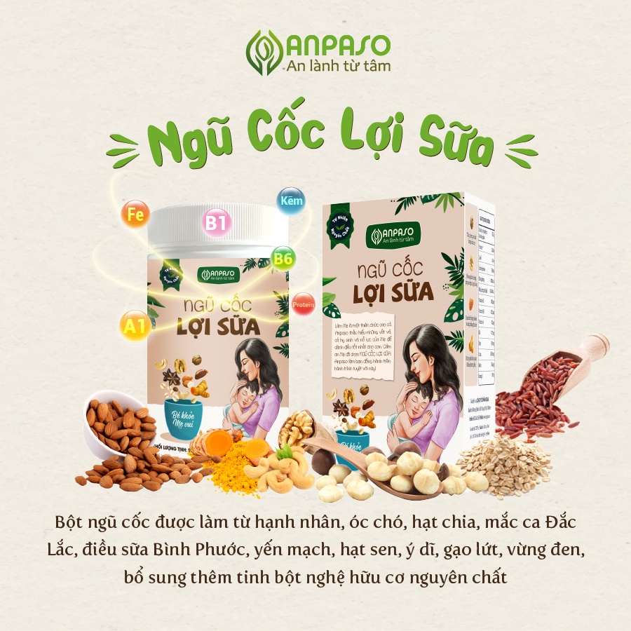 Ngũ cốc lợi sữa Anpaso cho Mẹ Bầu bổ sung dinh dưỡng, lợi sữa,cung cấp dưỡng chất hoàn hảo cho mẹ và bé Hộp 500g