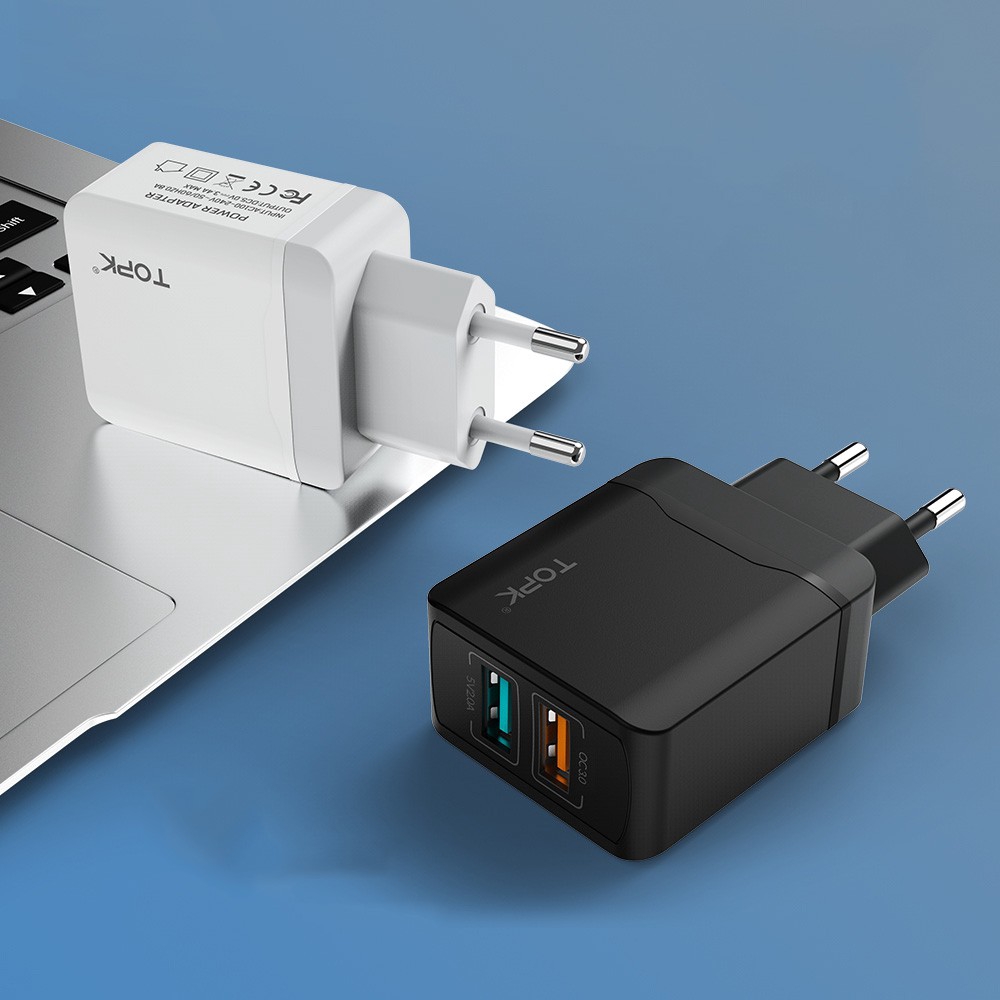 Củ Sạc TOPK B244Q Chia Hai Cổng Kết Nối USB Sạc Nhanh 28W QC 3.0 Đầu Cắm EU Dùng Khi Du Lịch | BigBuy360 - bigbuy360.vn