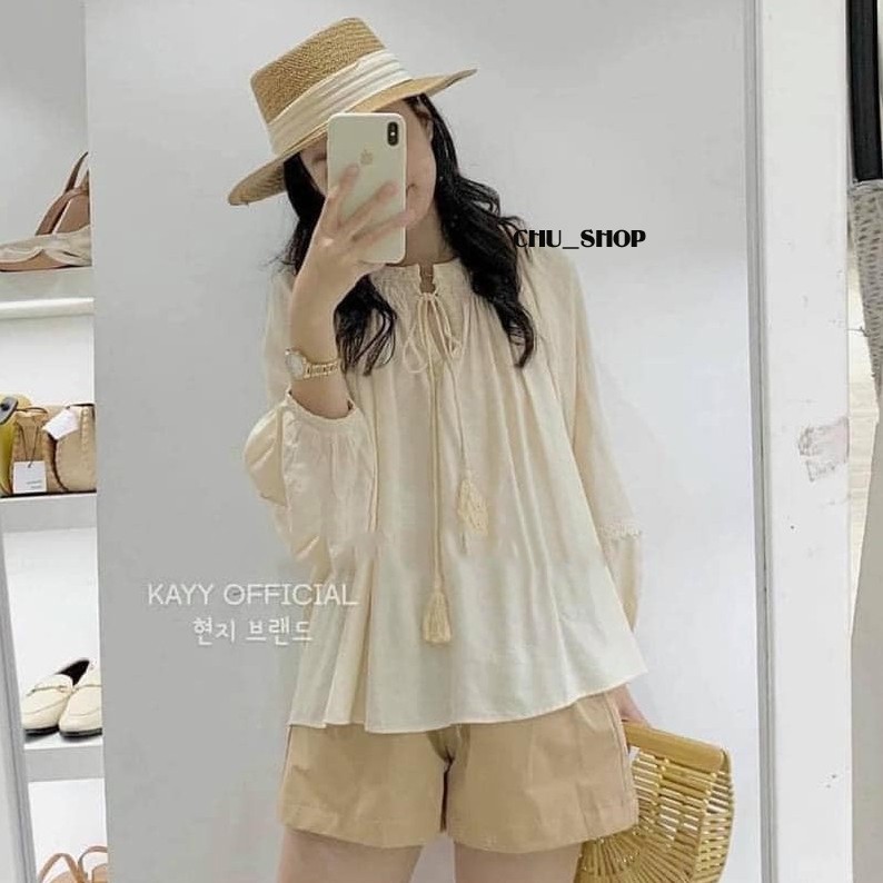Áo sơ mi đũi có dây thắt nơ cổ Hàn Quốc ( ảnh thật) - CHU_SHOP