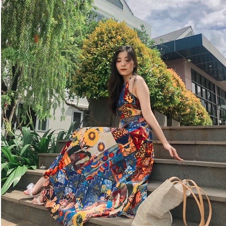 [ẢNH THẬT + VIDEO] đầm maxi dài cổ yếm họa tiết thổ cẩm đi biển (kèm mút ngực) đầm nữ dáng dài du lịch hở lưng sexy | BigBuy360 - bigbuy360.vn