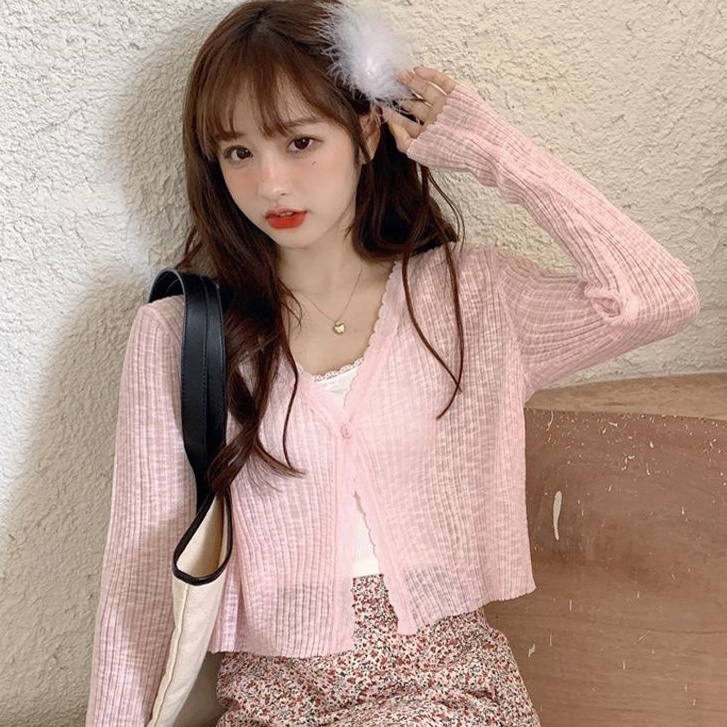 Áo Khoác Cardigan Dệt Kim Mỏng Tay Dài Màu Đen Chống Nắng Thời Trang Mùa Hè Cho Nữ