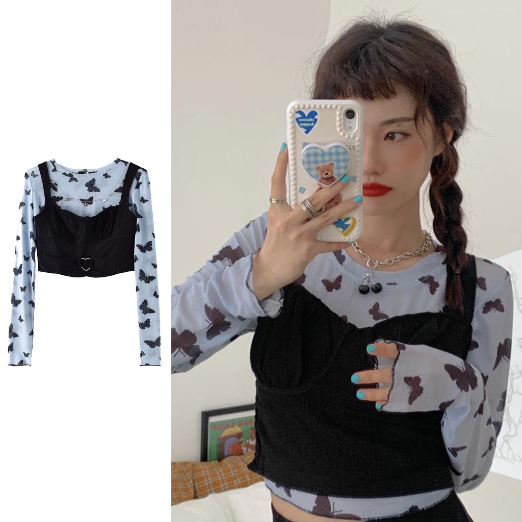 Set Áo Lưới Dài Tay In Họa Tiết Bướm Và Quần Short Thời Trang Dành Cho Nữ