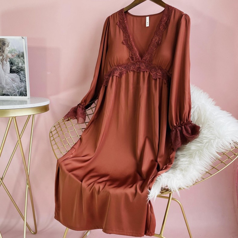Đầm Ngủ Công Chúa Tay Dài Có Đệm Ngực Bằng Lụa Phối Ren Màu Trơn Quyến Rũ Dành Cho Nữ 2022