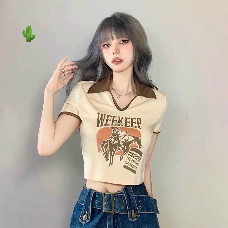 ÁO CROPTOP CỔ BẺ nâu PC IN CHỮ