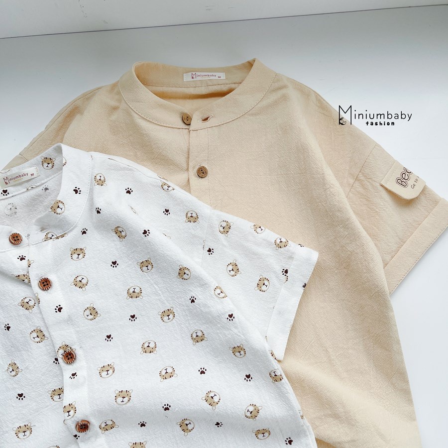 Áo sơ mi thô boi cộc tay mùa hè cho bé trai họa tiết hổ, gấu miniumbabyfashion A1215