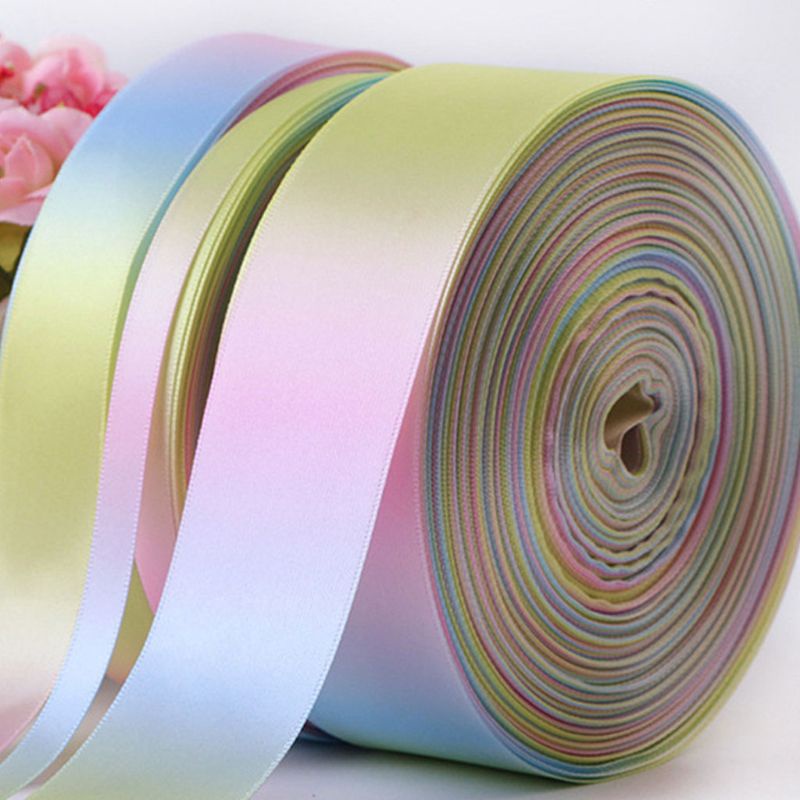 Cuộn Dây Ruy Băng Satin Hai Mặt Màu Cầu Vồng Dùng Làm Tóc DIY 50 Yard
