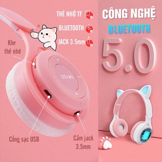 Tai nghe bluetooth không dây chụp tai 5.0  Mèo dễ thương chùm úp ụp tai có mic, đèn led, âm bass mạnh