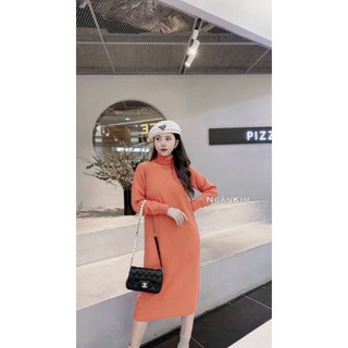 Váy len lông cừu dáng suông, cổ lọ