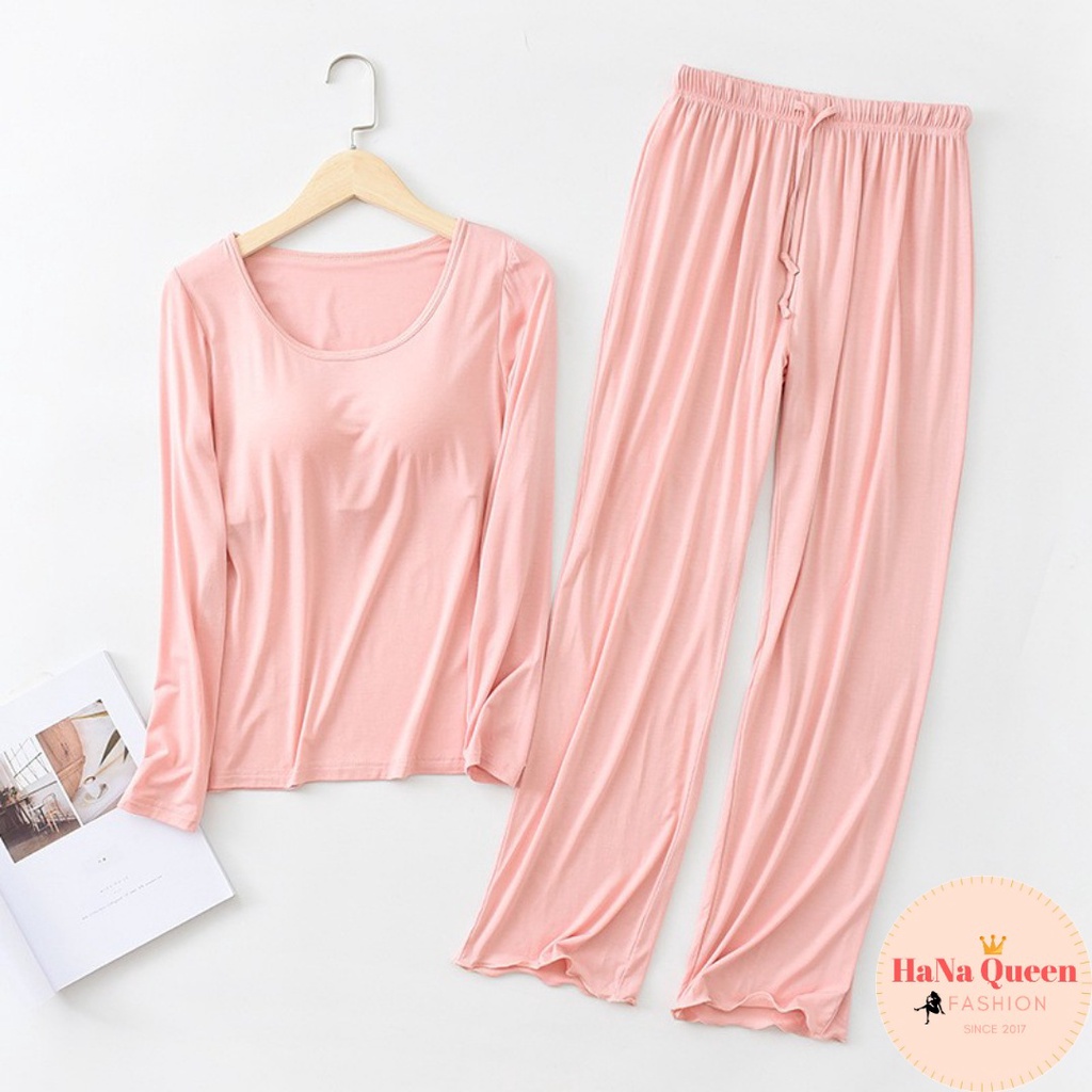 Bộ đồ dài tay thu đông có đệm ngực chất cotton mềm mịn