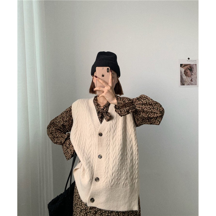 (ORDER) Áo vest len gile xoắn thừng nhỏ cổ V form rộng cài khuy style Hàn Quốc mùa thu đông