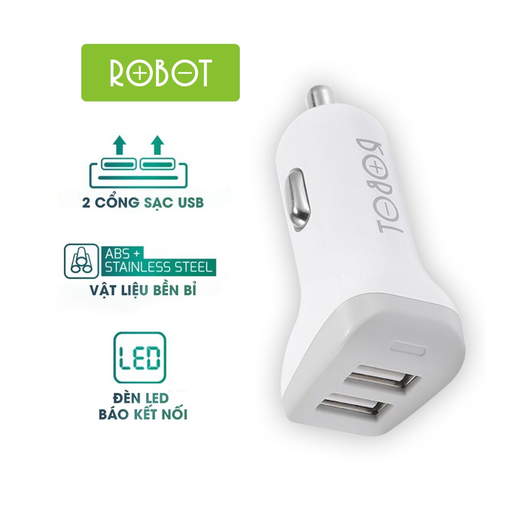  Sạc Xe Hơi ROBOT RT-C06 2 Cổng Ra USB Sạc Cùng Lúc 2 Điện Thoại Bảo Vệ Thông Minh