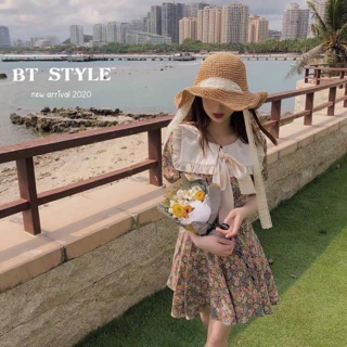 Váy hoa nâu cổ bèo trắng - sp004159