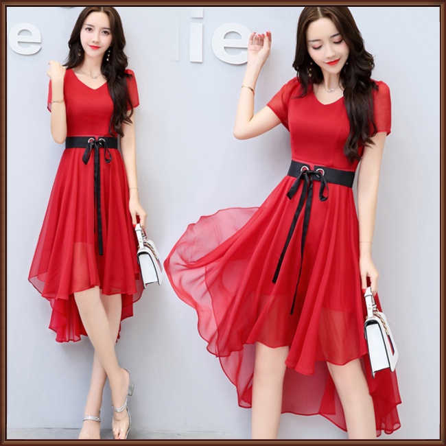 Đầm Voan Ngắn Tay Cổ Chữ V Thiết Kế Bất Đối Xứng Phối Dây Rút Thời Trang Cho Nữ