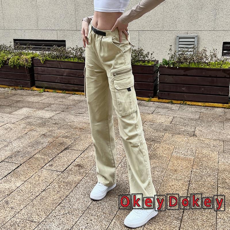 OKDK-Quần denim lưng cao nhiều túi màu trơn thời trang cho nữ