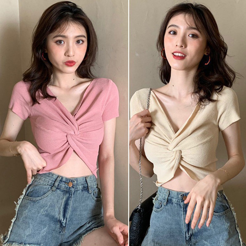 Áo kiểu lửng ngắn tay cổ chữ V quyến rũ thời trang cho nữ