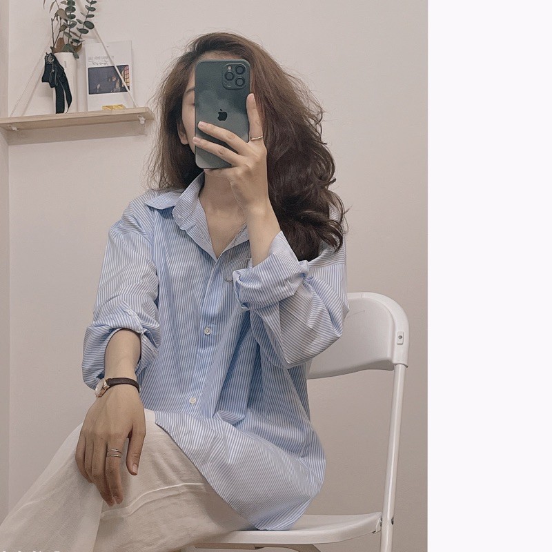 Áo sơ mi sọc xanh dáng basic