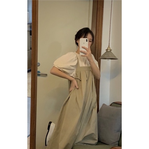 Váy yếm form rộng dáng dài dây bảng to màu nâu tây