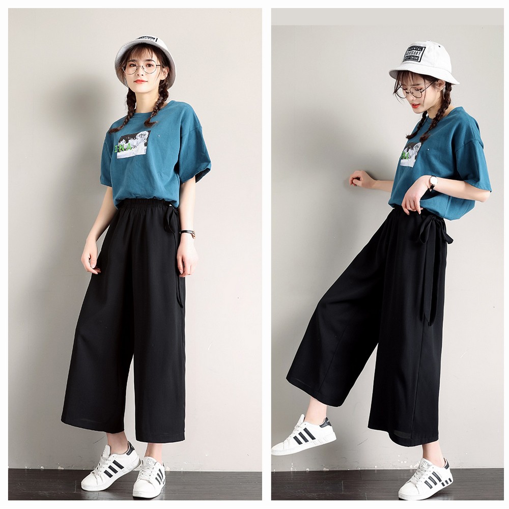 Quần ống rộng cạp chun cao eo thắt dây form rộng dáng lửng TTS