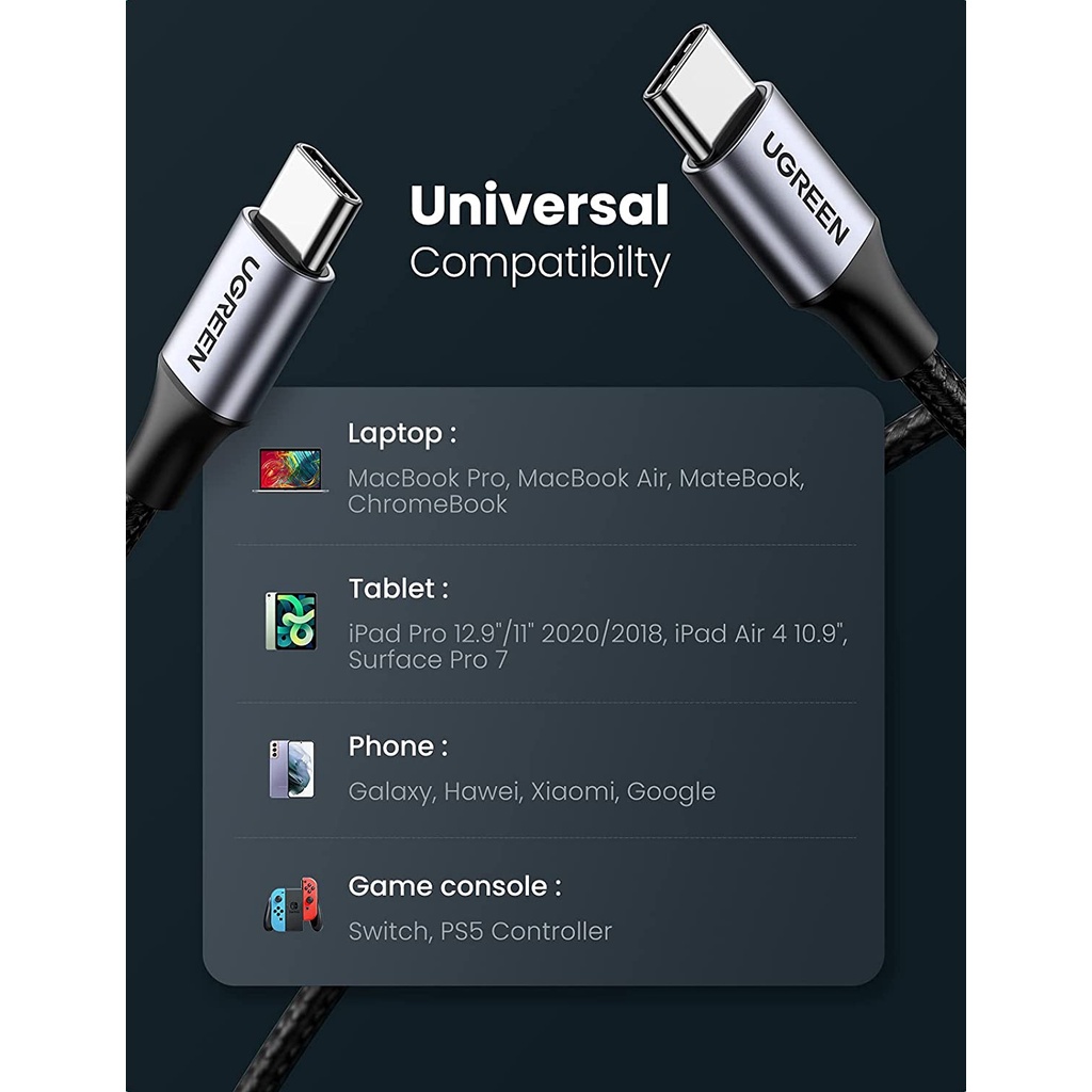 Cáp sạc nhanh USB type C PD 60W dài từ 0.5-2m UGREEN US261
