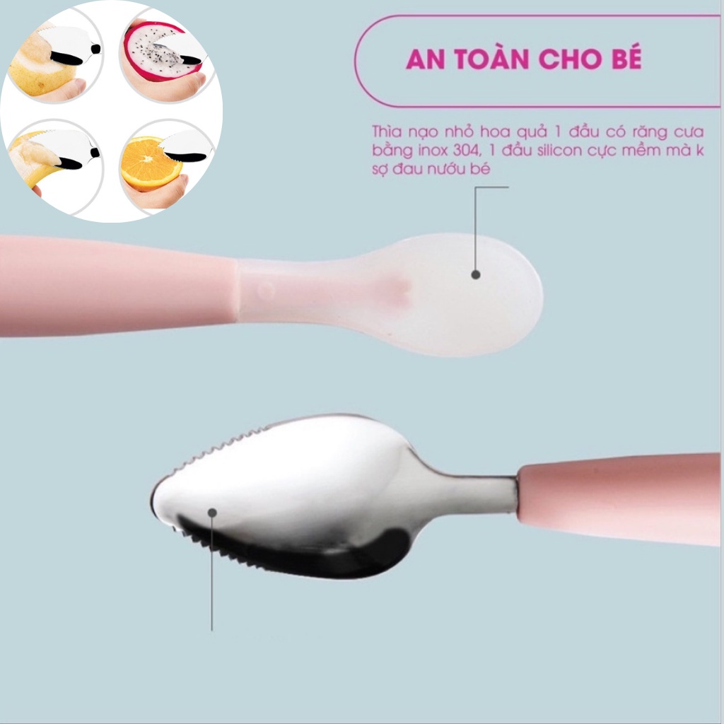 Thìa nạo hoa quả 2 đầu inox và silicon, Chính hãng Kichilachi cho bé kèm hộp đựng an toàn vệ sinh cho bé