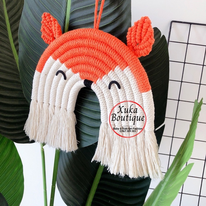 Thảm Dây Tua Rua Cầu Vồng Mặt Hồ Ly Macrame Treo Tường Phòng Trẻ Em Sz 27x22cm, Decor Phòng Dệt Tay Thủ Công Siêu Đẹp